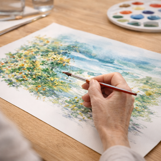 une femme est en train de peindre une aquarelle qui nécessite des geste precis et minutieux