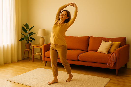 Femme qui s'etire doucement dans son salon lumineux et cosy