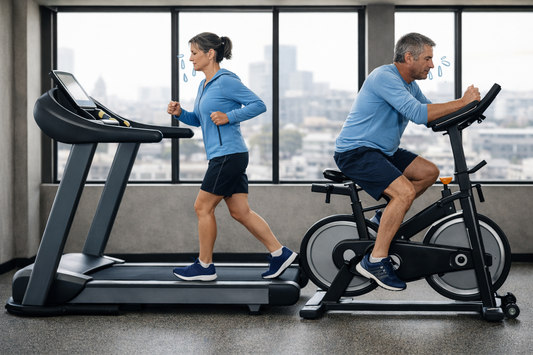 Une femme utilise un tapis de course et derriere elle un homme utilise un velo d'appartement