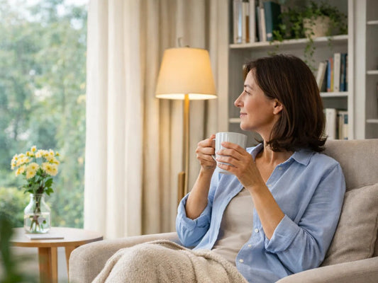 Une femme qui prend son temps en buvant son café dans son fauteuil préféré