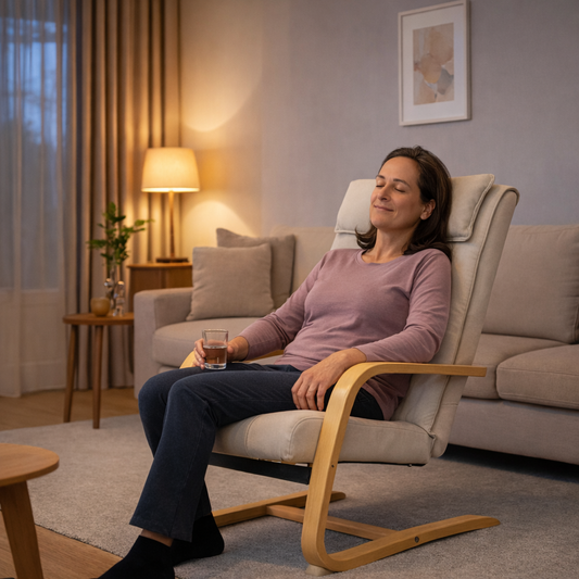 Fauteuil massant AT233 couleur beige dans un salon avec une femme assise aux yeux fermes