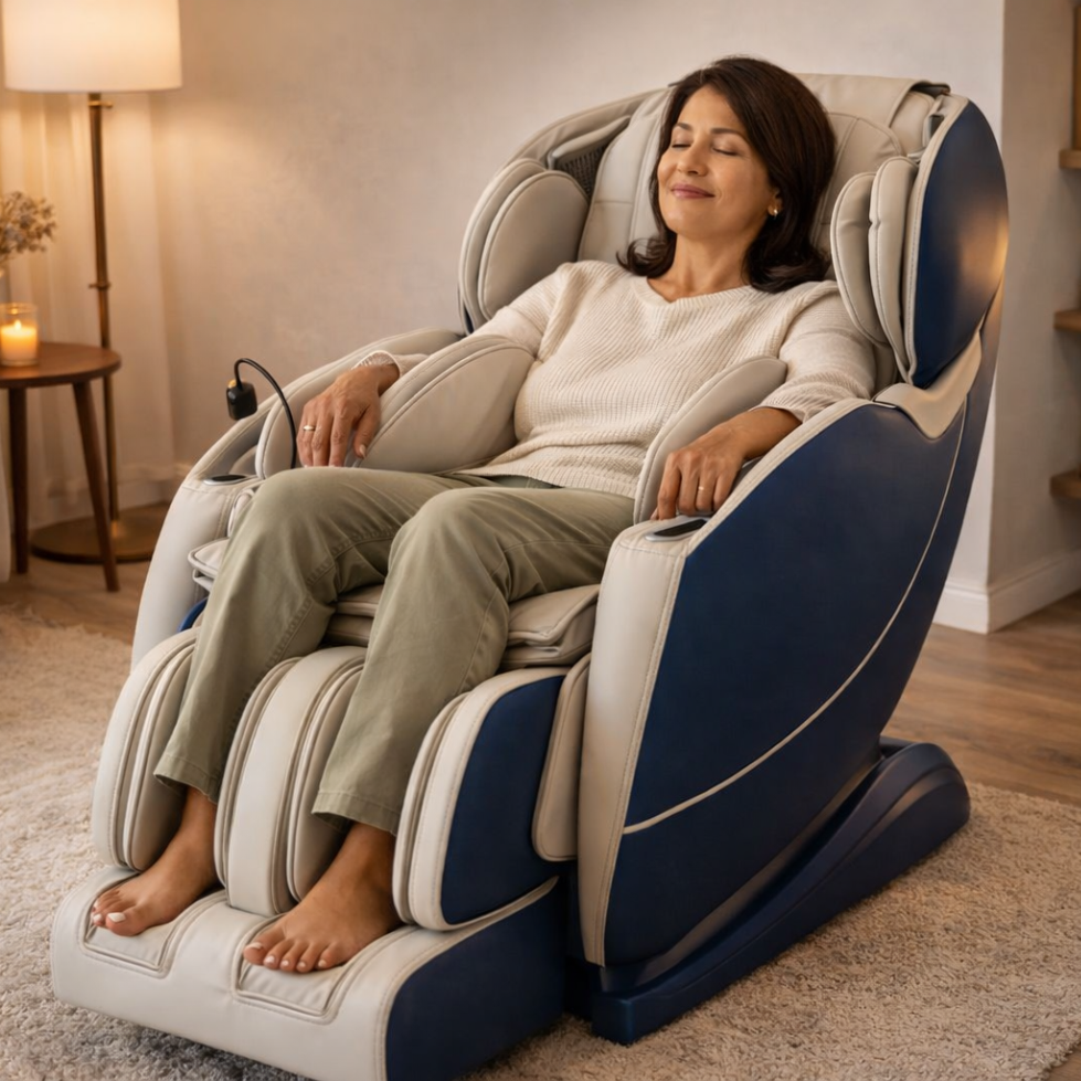 Femme utilisant le fauteuil massant MSW-310 Pro dans un salon