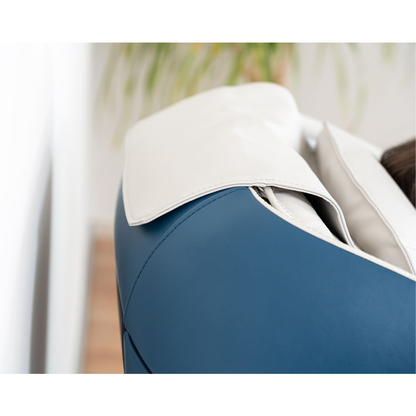 Détail du haut du fauteuil MSW-310 Pro blanc avec coque bleue