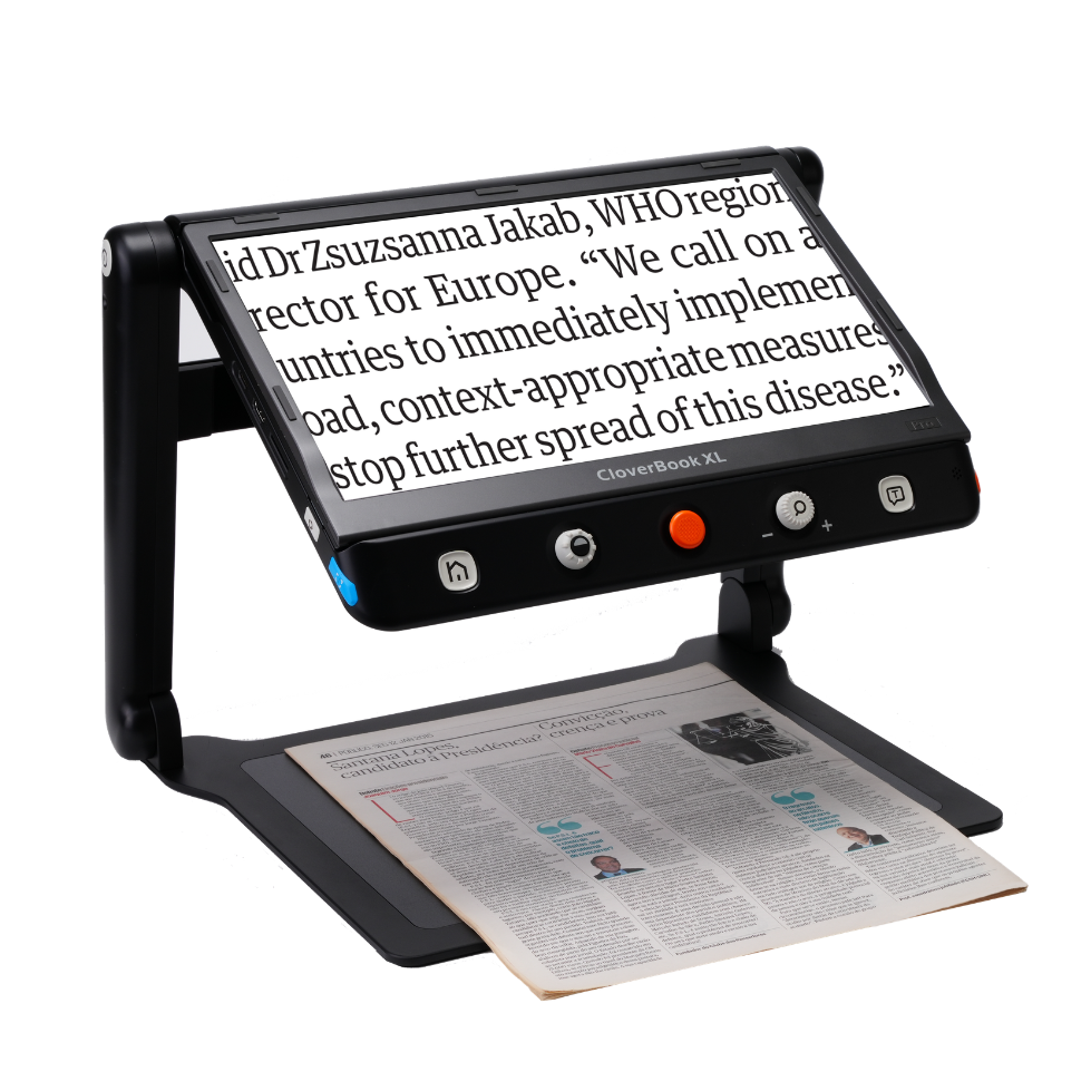 Loupe électronique CloverBookXL de sightcare avec magazine et écran incliné