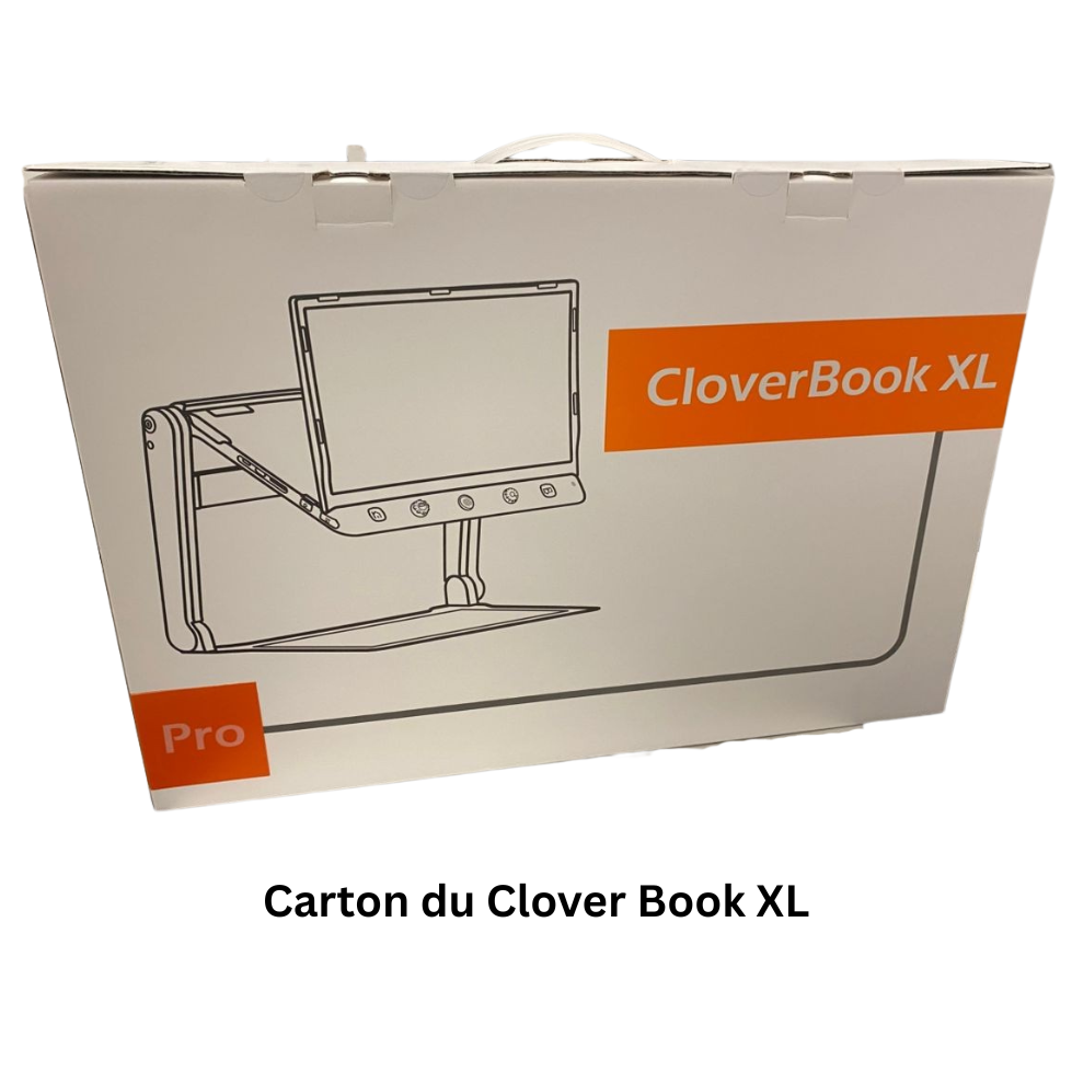la boite dans laquelle est livrée la loupe électronique Clover Book XL