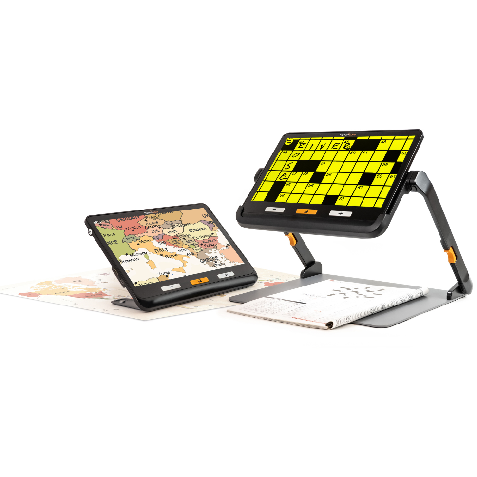 Loupe électronique Explore 12 sur pied avec écran jaune et livre