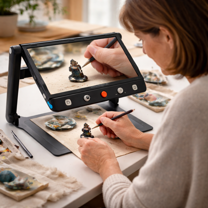 Femme qui pratique son hobby et peut faire un travail de précision grace a la loupe électronique Clover Book XL