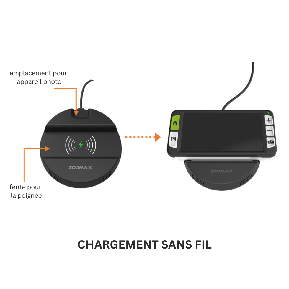 La loupe électronique  Luna 6 est facilement rechargeable grace au socle sur lequel la loupe se place facilement 
