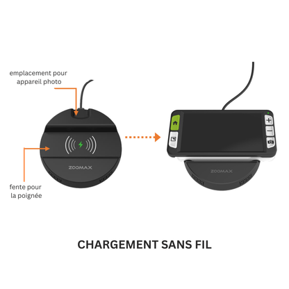 La loupe électronique  Luna 6 est facilement rechargeable grace au socle sur lequel la loupe se place facilement 
