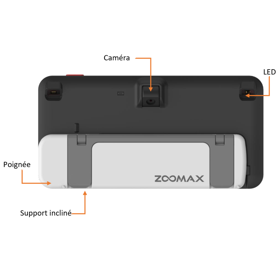 La loupe électronique  Luna 6 vue de dos pour montrer la camera, la lampe LED, la poignée et le support incline