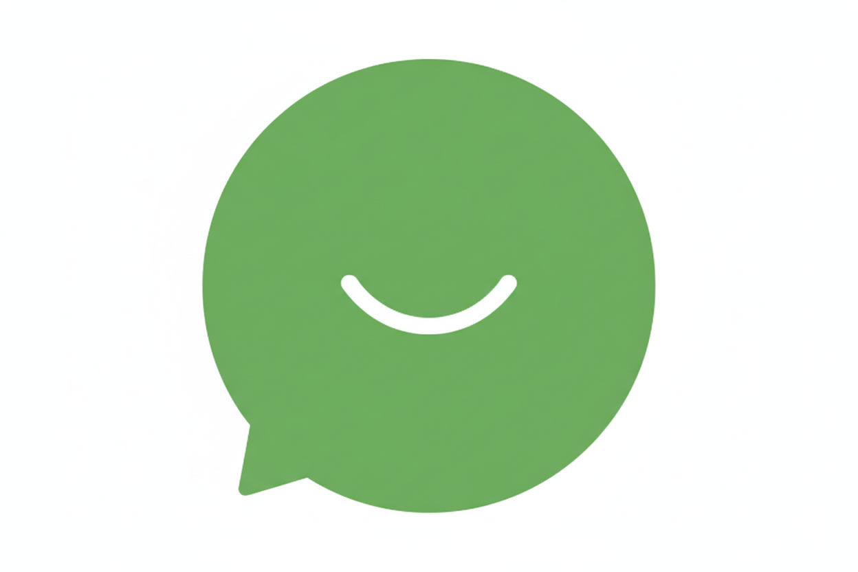 Icône bulle de chat verte avec queue à gauche et sourire orienté droite