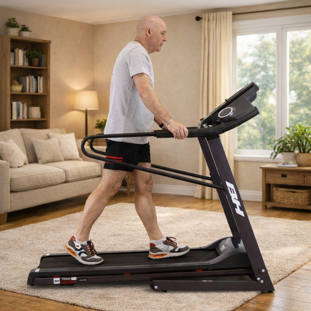 tapis_de_course-Pioneer_Senior_G6484H-de_profil_avec_homme dans un salon cosy