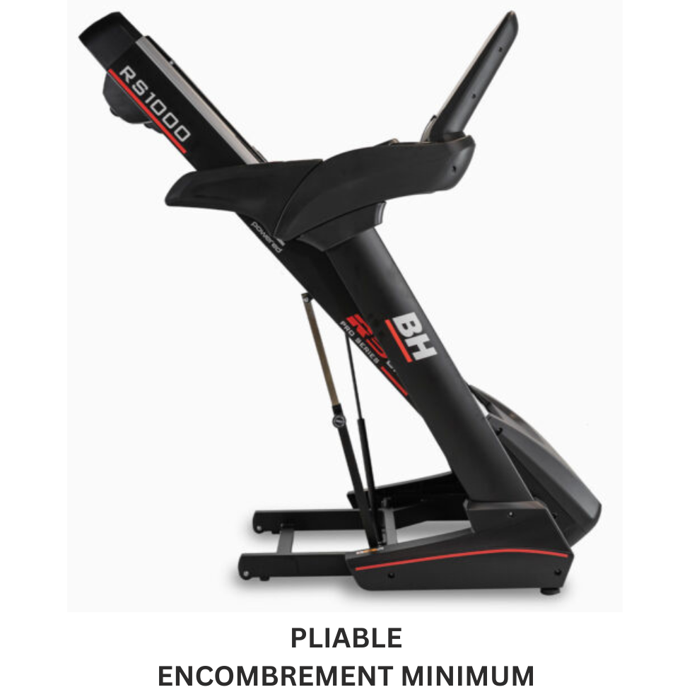 Le tapis de course G6179 rs1000 de BH Fitness en position repliée pour un encombrement minimum