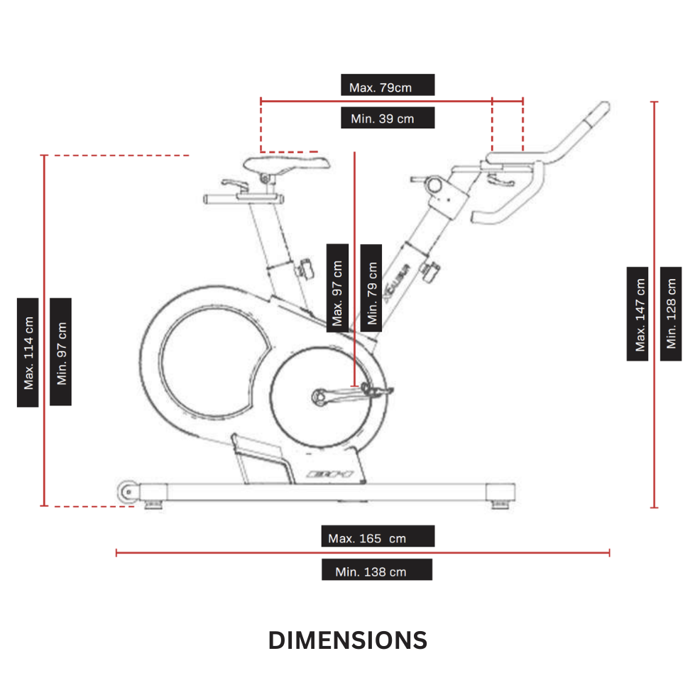 Schéma montrant les dimensions du vélo d'appartement H9340 TFT Xcalibur de BH Fitness