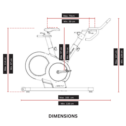 Schéma montrant les dimensions du vélo d'appartement H9340 TFT Xcalibur de BH Fitness