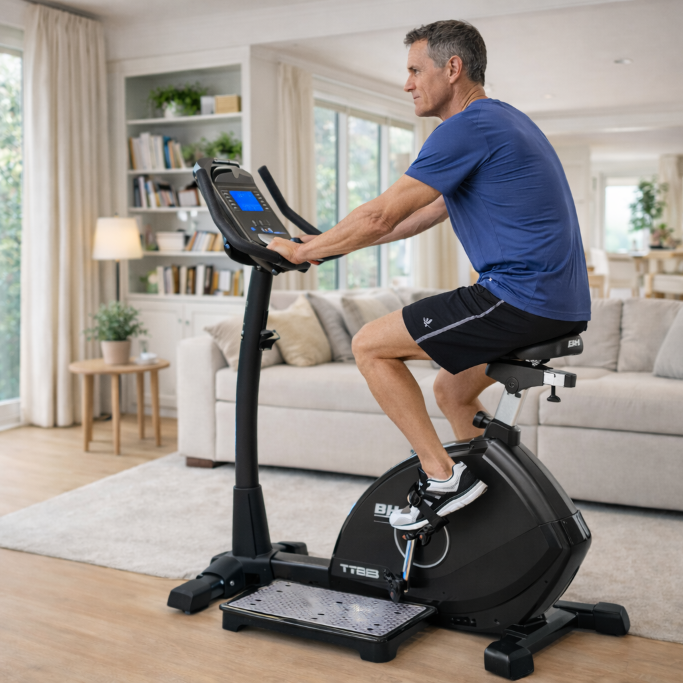 un homme utilise son velo d'appartement H863H de BH fitness dans son salon dans une lumière naturelle
