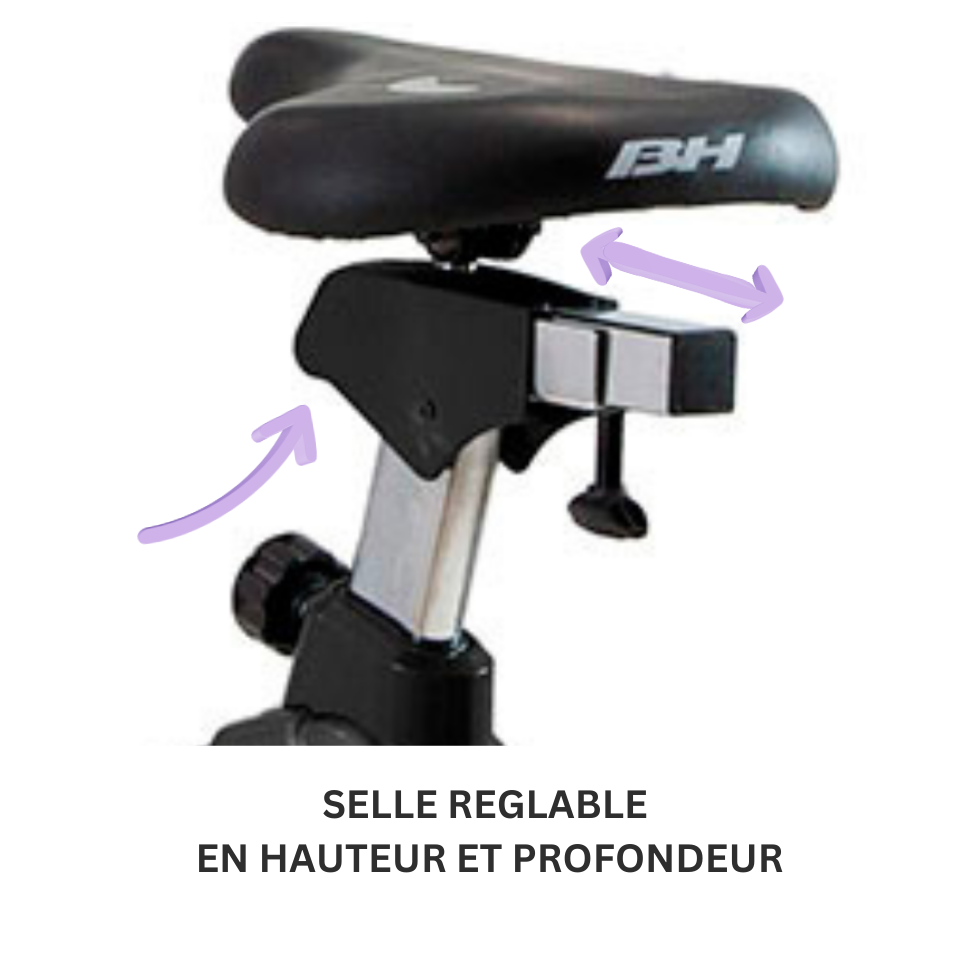 Vue des réglages possibles pour la selle en hauteur et profondeur pour le velo d'appartement H863H de BH Fitness