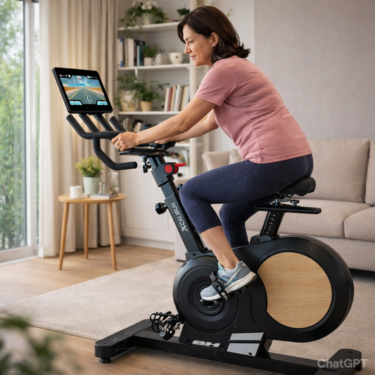 Femme utilisant le velo d'appartment H9340 TFT de BH Fitness dans son salon