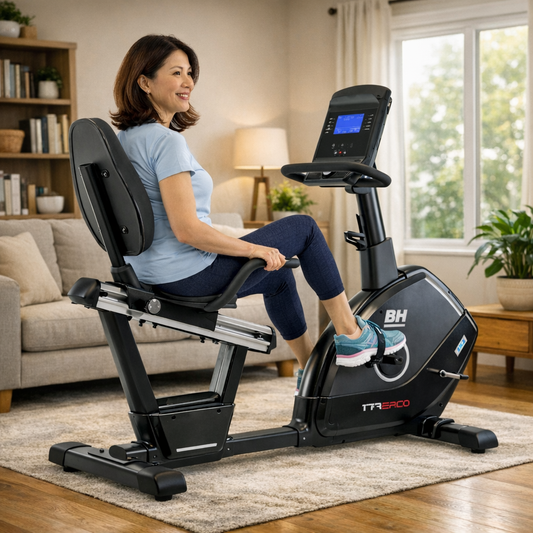 Vélo semi-allongé H651H Ergo Med BH Fitness avec utilisatrice dans son salon, vue de dos trois quarts